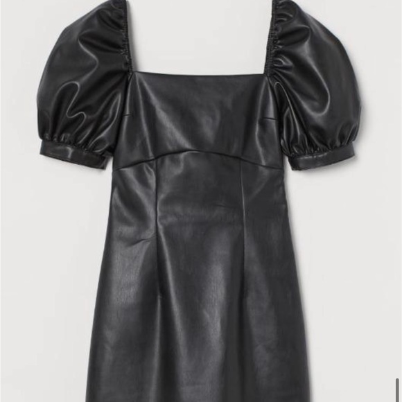 H&M Divided Faux Leather Puff Sleeve Tie back Mini Dress - Picture 3 of 13